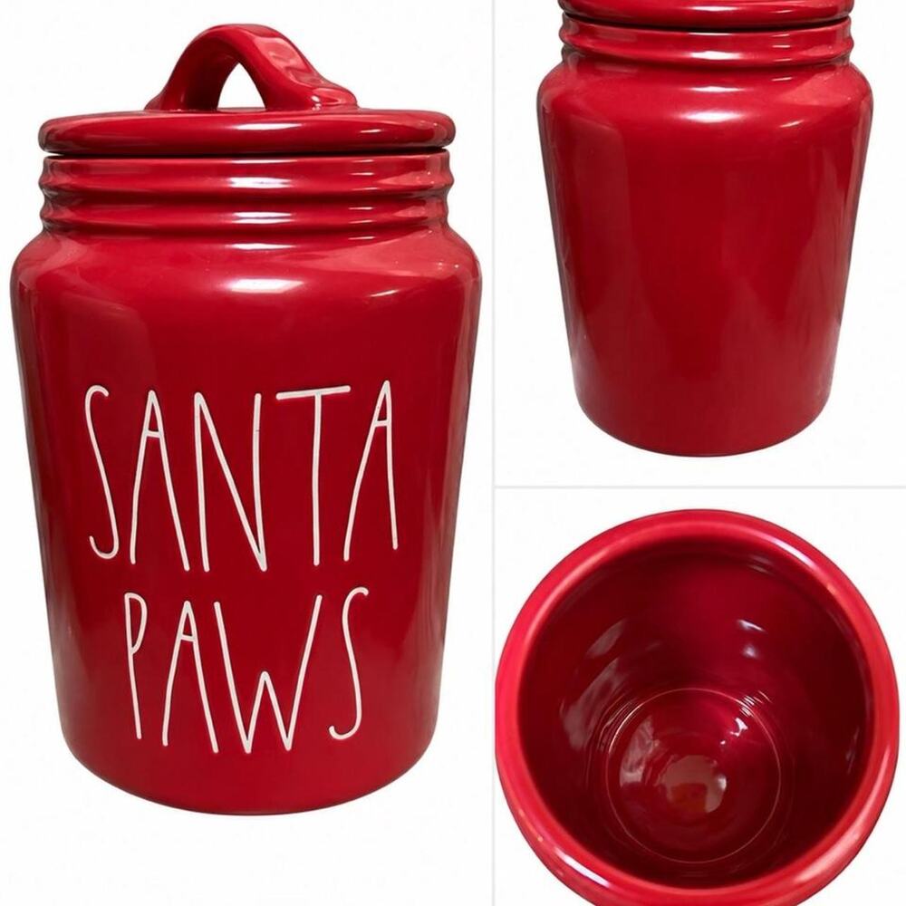 Rae Dunn ceramic treat jar 12” Red Santa Paws canister